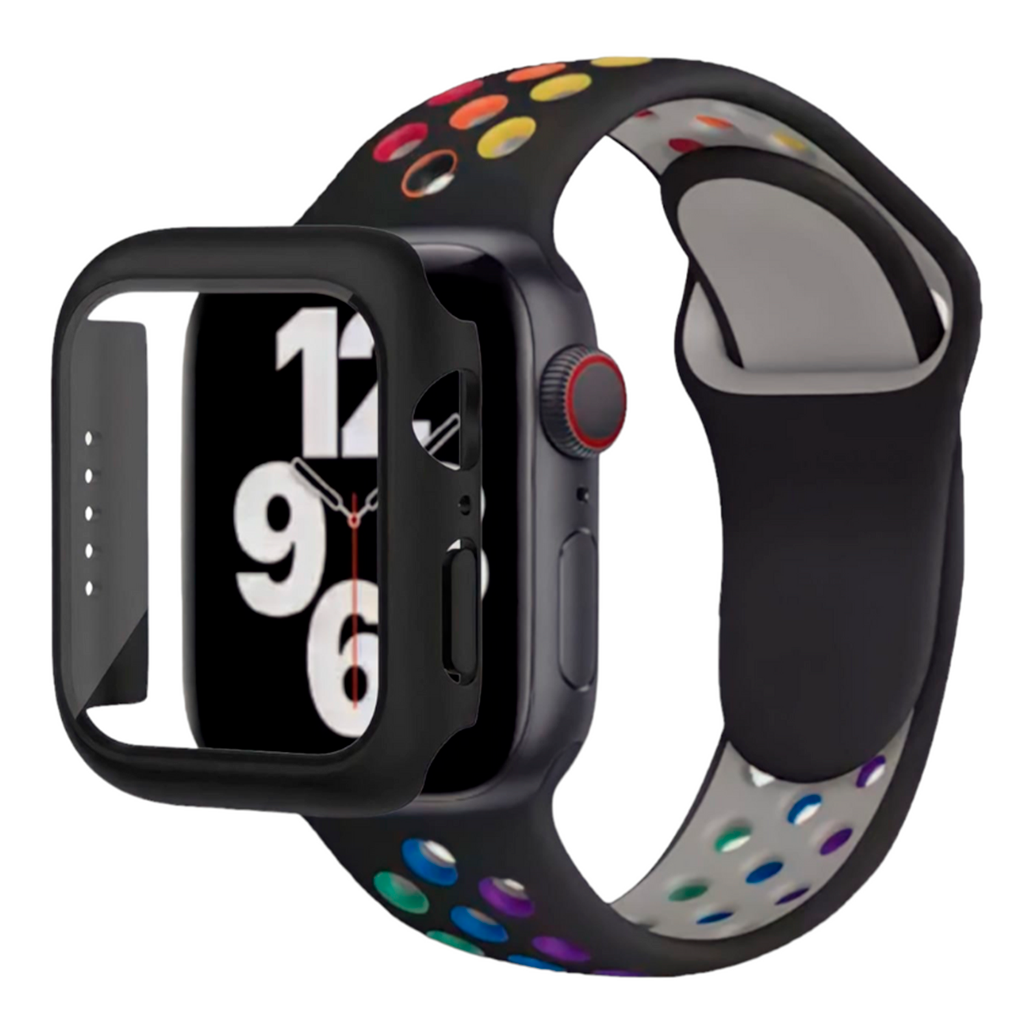 Correa estilo sport con case protector de cristal – Negro/Arcoiris