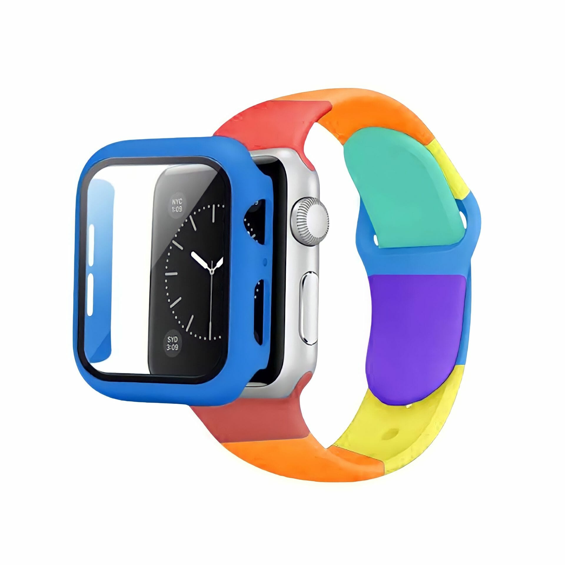 Correa full color de silicón con case protector de cristal – Arcoiris /Azul