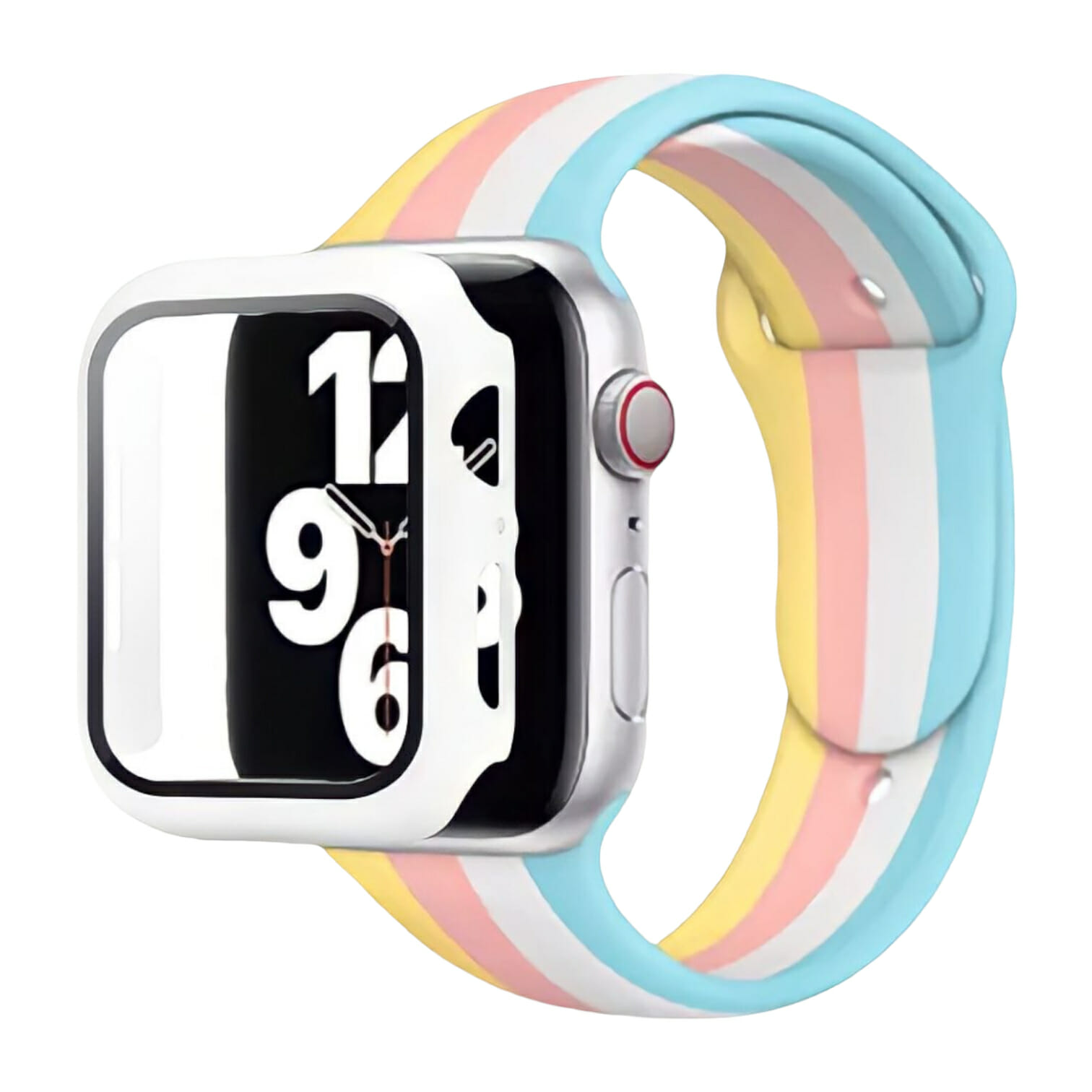 Correa full color de silicón con case protector de cristal – Blanco/Pastel