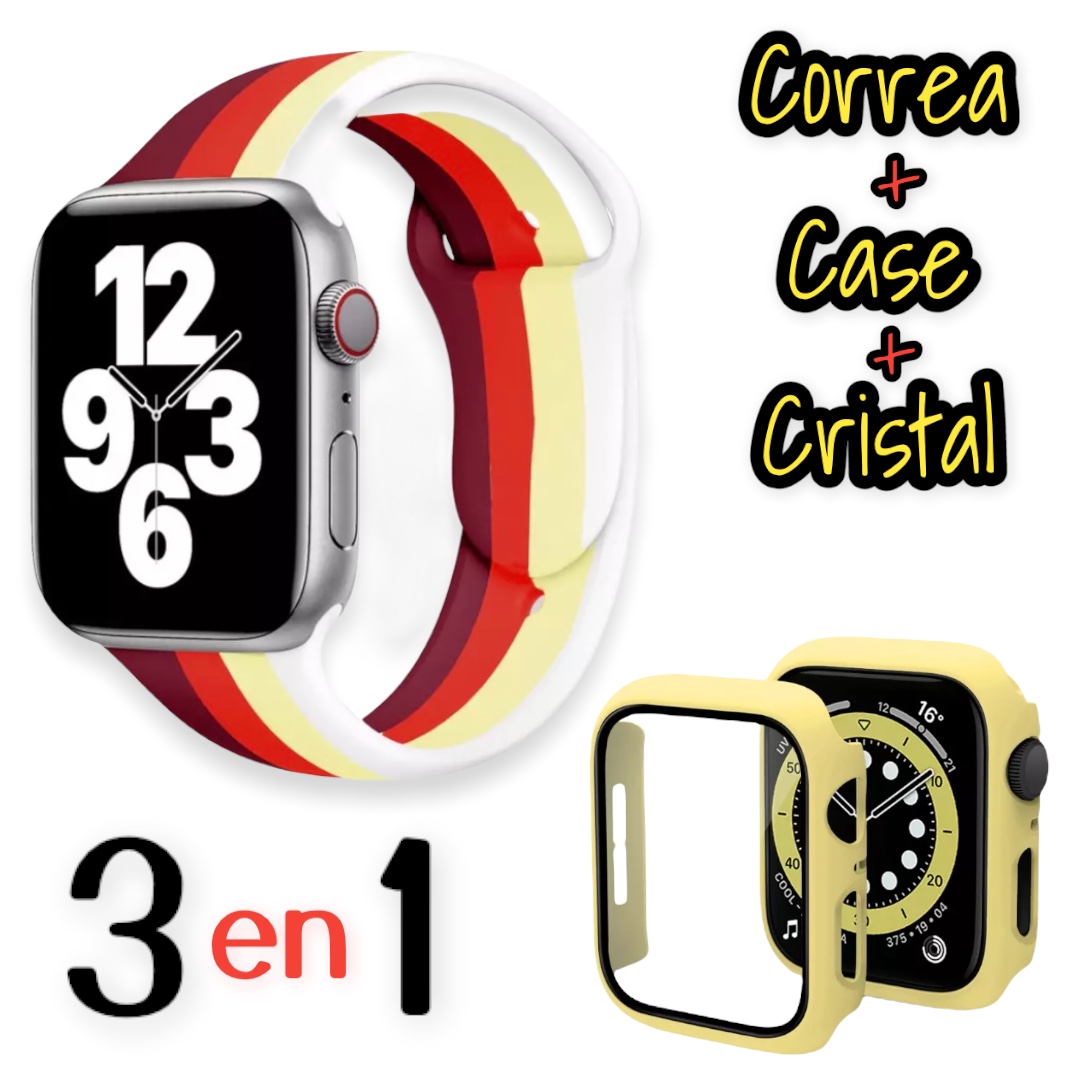 Correa full color de silicón con case protector de cristal – Amarillo/Lineas