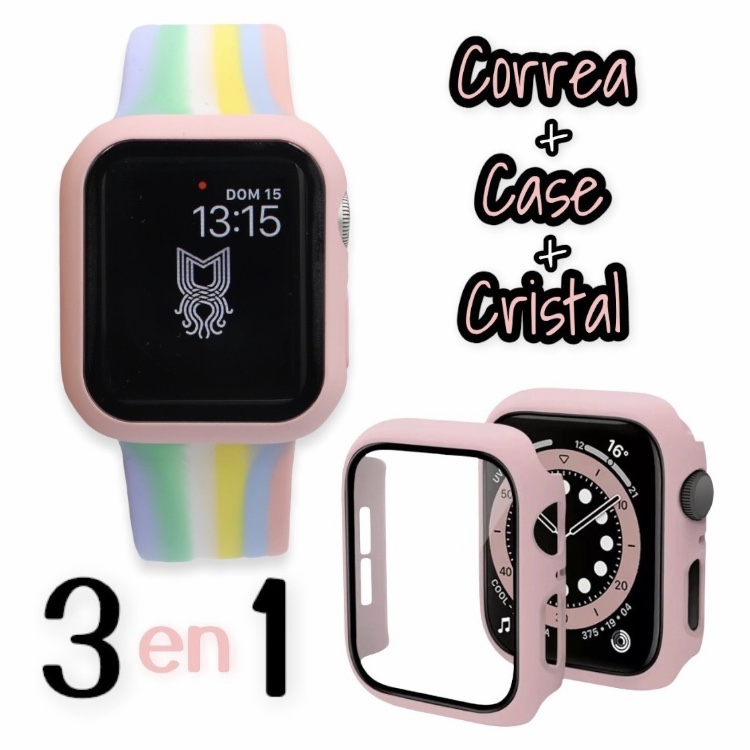 Correa full color de silicón con case protector de cristal – Colores/Rosa